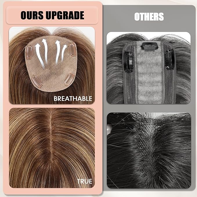 starluck Hair Toppers for Women with Bangs, 5"*5.5"Large Coverage Mixed Brown 100% Real Human Toppers for Women with Thinning Hair,Cover Gray Roots
