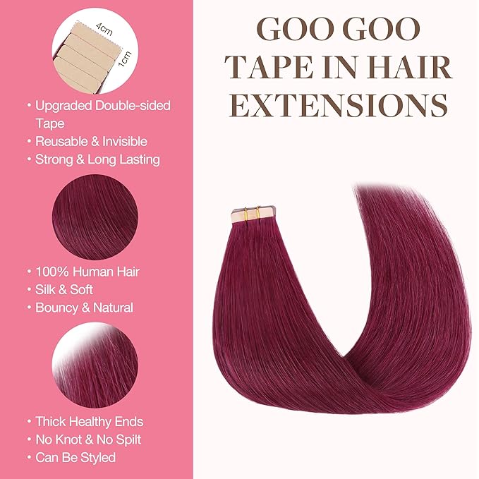 GOO GOO Tape in Hair Extensions Human Hair, Burgundy, 24inch 50g 20pcs, Skin Weft Seamless Invisible, Silky Straight with Thick Ends, Remy Human Hair