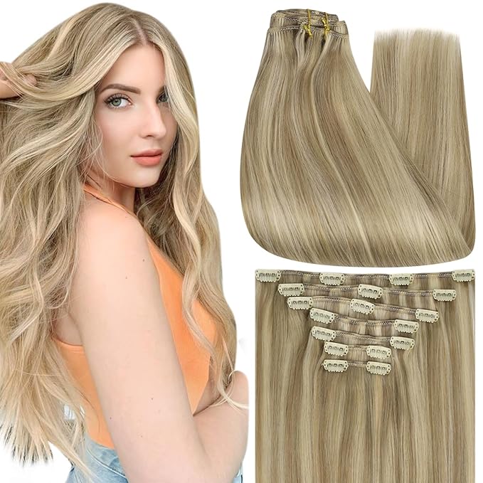 Full Shine Clip in Hair Extensions Blonde Highlights Real Hair Extensions Clip in Human Hair Color 16P22 Golden Blonde Highlighted Straight Full Head 7 Pcs 22 Inch 120 G