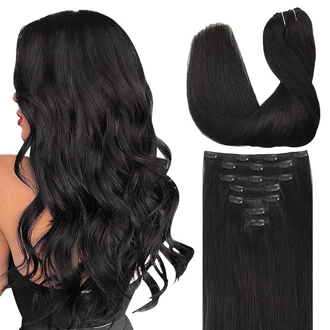 GOO GOO Clip in Hair Extensions Real Human Hair, Remy Human Hair Extensions Clip ins for Women, Natural Human Hair, 20inch 200g 7Pcs, #1B Natural Black