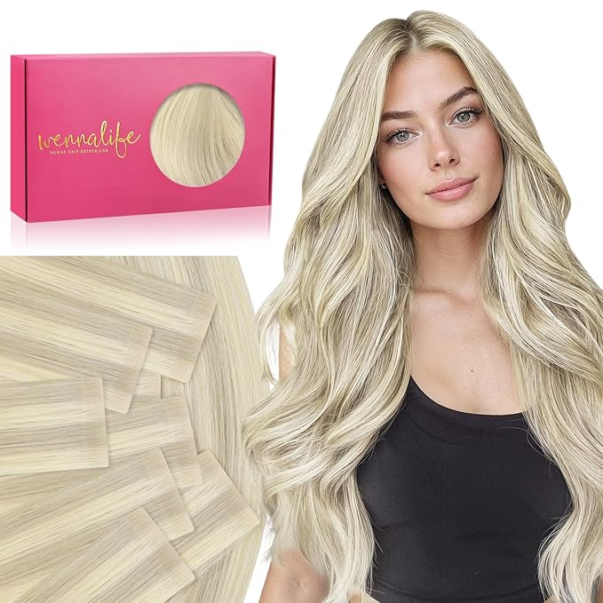 WENNALIFE Invisi Edge Tape in Hair Extensions Human Hair, 24 Inch 50g 20pcs Ash Blonde Highlighted Platinum Blonde Invisible Luxury Remy Hair Extensions Natural Seamless Injected Tape Ins Straight