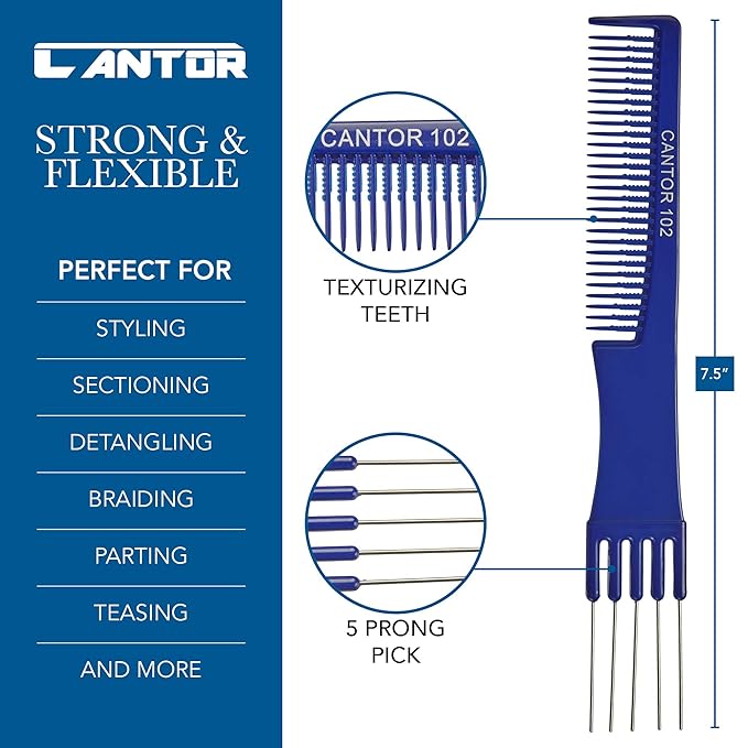 Lift Teasing Comb and Hair Pick 1 Pack, Five Stainless Steel Lifts - Chemical and Heat Resistant Detangler Styling Tool Anti Static Comb for All Hair Types By Cantor