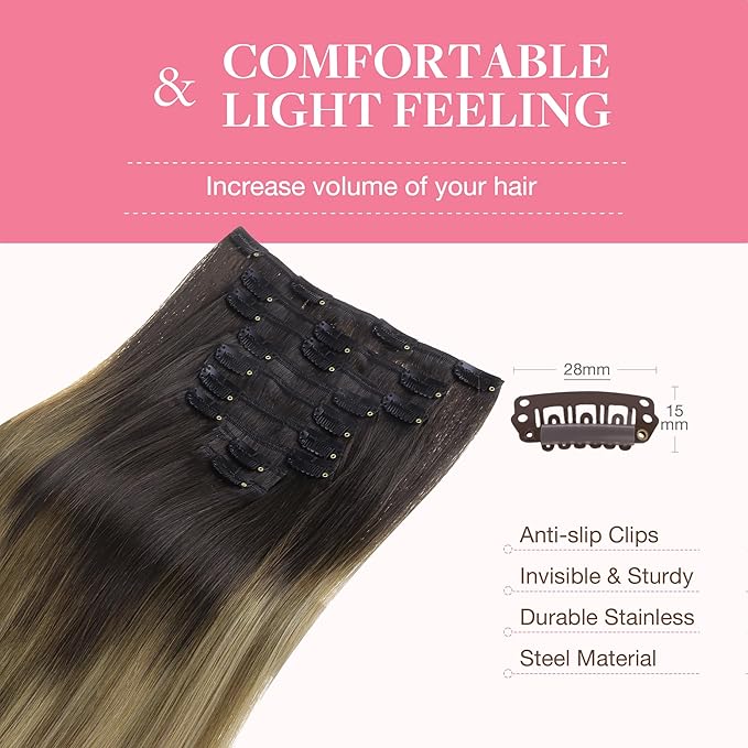 GOO GOO Clip in Hair Extensions Real Human Hair, Remy Human Hair Extensions Clip ins for Women, Natural Human Hair, 16inch 150g 9Pcs, 2/6/18 Balayage Brown to Dirty Blonde