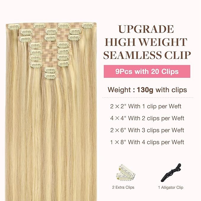 GOO GOO Clip in Hair Extensions Real Human Hair, Remy Human Hair Extensions Clip ins for Women, Natural Human Hair, 14inch 130g 9Pcs, 18D/22F Dirty Blonde Highlights
