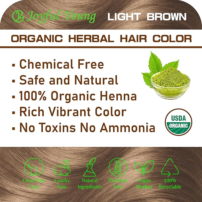100% Organic Henna Hair Color – Natural, Chemical-Free Hair Dye for Rich, Vibrant Color & Gloss – Grey Coverage, Safe for All Hair Types, Vegan Non-Toxic, Herbal Hair Treatment (LIGHT BROWN)