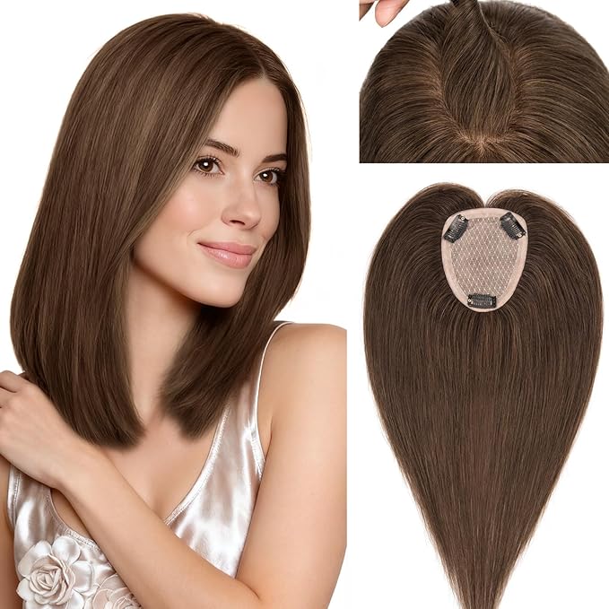 Rich Choices Human Hair Toppers for Women-100% Real Remy Hair Topper No Bang-Upgraded 150% Density 9 * 12CM Lace Base-Clip in Hairs Topper for Thinning Hairs-10Inch #2R Chocolate Brown