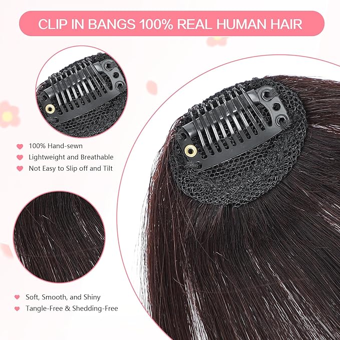 Clip in Bangs 100% Real Human Hair, Wispy Bangs Hair Clip, Fake Bang Fringe with Temples Hairpieces for Women Daily Wear (Dark Brown, Wispy Bangs)