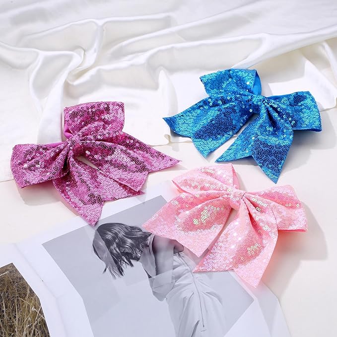 Large Glitter Cheer Bows Clips, Jumbo Big 7 Inch Cheerleading Sequin Hair Bow Hair Accessories for Teens Girls Football Sports Cheerleader Outfit Uniform (Black)