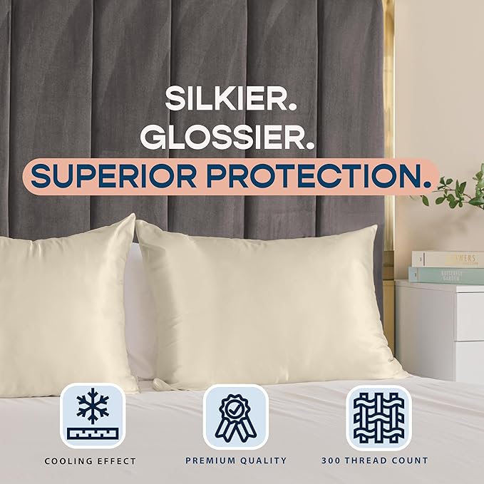 BLISSFORD Satin Pillowcase with Zipper, for Hair and Skin Care, Feels Soft and Cool Like a Silk Pillowcase, Satin Pillow Cases 2 Pack, Slik Pillow Cover, Champagne, Queen, Set of 2