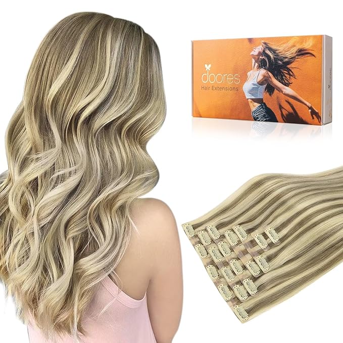 DOORES Human Hair Extensions Clip in, Light Brown Highlighted Medium Blonde 110g 7pcs 22 Inch, Seamless Clip in Hair Extensions Remy Hair Thin Weft Straight Hair Invisi Edge Hair Extensions