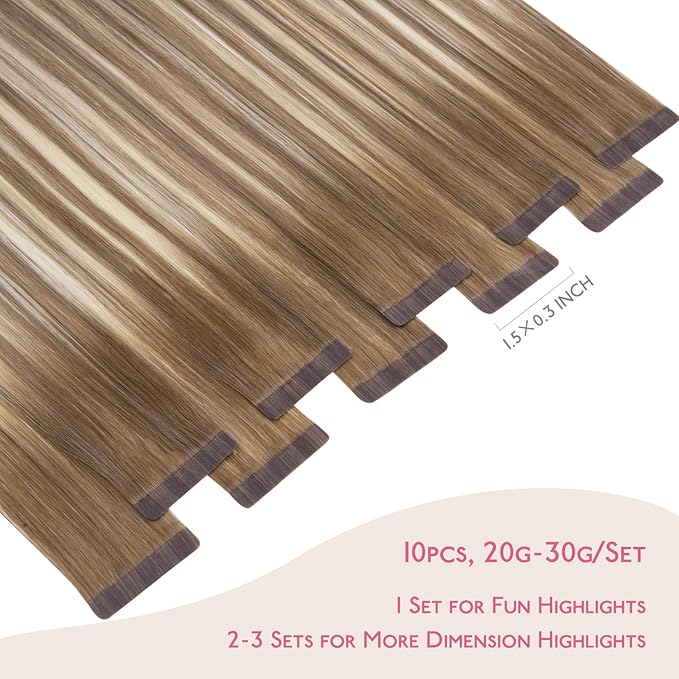WENNALIFE Tape in Hair Extensions Human Hair Balayage Dirty Blonde with Platinum Ends Tape in Extensions, 10pcs 30g 26 inch Remy Invisible Tape Ins Straight Colored Soft Refill Set