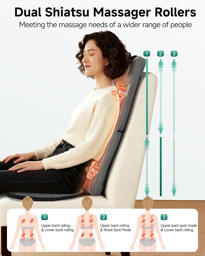 Snailax Back Massager for Full Back Pain Relief Deep Tissue, Long Track Dual 3D Shiatsu Rollers 3 Height Settings Foldable Massage Chair Pad with Heat, Vibration Heated Seat Cushion, Gifts for Mom Dad