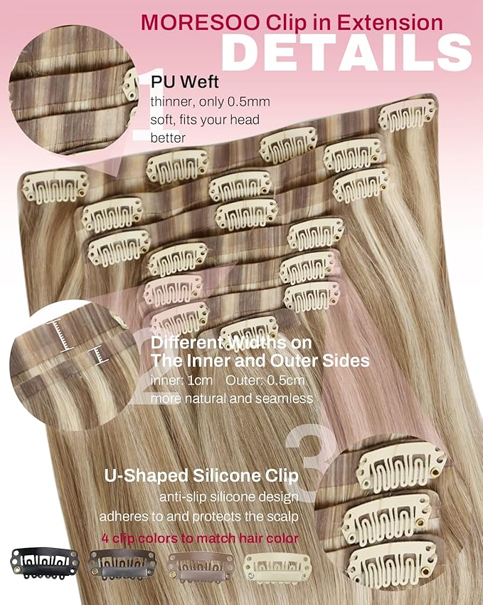 Moresoo Seamless Clip in Hair Extensions Human Hair Remy Straight PU Weft Human Hair Clip in Extensions Full Head Light Brown Highlight with Blonde 7pcs/120g 18inch