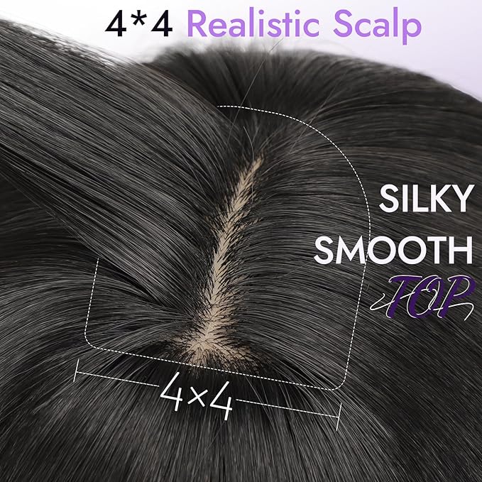 Wig with Bangs for Women Black Straight Face-Framing Layers Hairstyle 4x4 Realistic Scalp Glueless Synthetic Wigs Medium Length for Everyday Use
