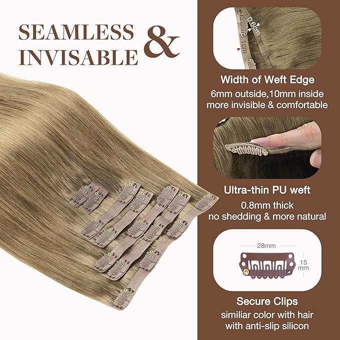 GOO GOO Clip in Hair Extensions Real Human Hair, Remy Human Hair Extensions Clip ins for Women, Natural Human Hair, 16inch 130g 7Pcs, 7 Bronde