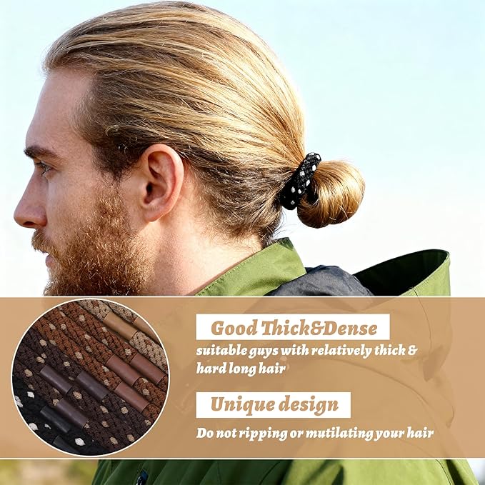 12PCS Braided Hair Ties for Men, No Crease No Slip Grip Elastic Bands, Strong Hold Ponytail & Beard Bands for Thick Curly Hair, Damage-Free Design for Sports, Workout, Daily Use