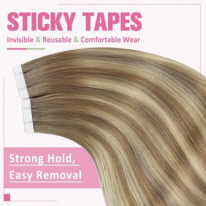 YoungSee Human Hair Tape in Extensions Balayage Invisible Tape in Hair Extensions Human Hair Light Brown Ombre Blonde Tapes ins Human Hair Long Hair Extension 24 Inch 20pcs Hair Extension Tape-in 50g