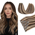 PINKPEARL Clip in Hair Extensions Human Hair 22inch 120g 7pcs Remy Human Hair Extensions Clip in #4P27 Chocolate Brown Highlighted Caramel Blonde Clip Hair Natural Human Hair(#4P27-22)