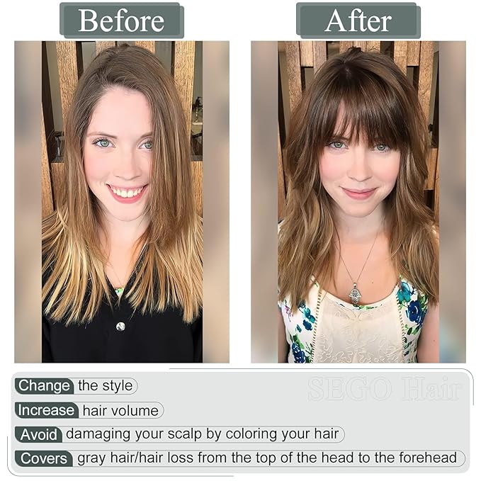 SEGO Hair Toppers for Women Real Human Hair with Thinning, with Front Bangs Clip in Toppers Straight 150% Density Silk Base -18 Inch #27 Dark Blonde