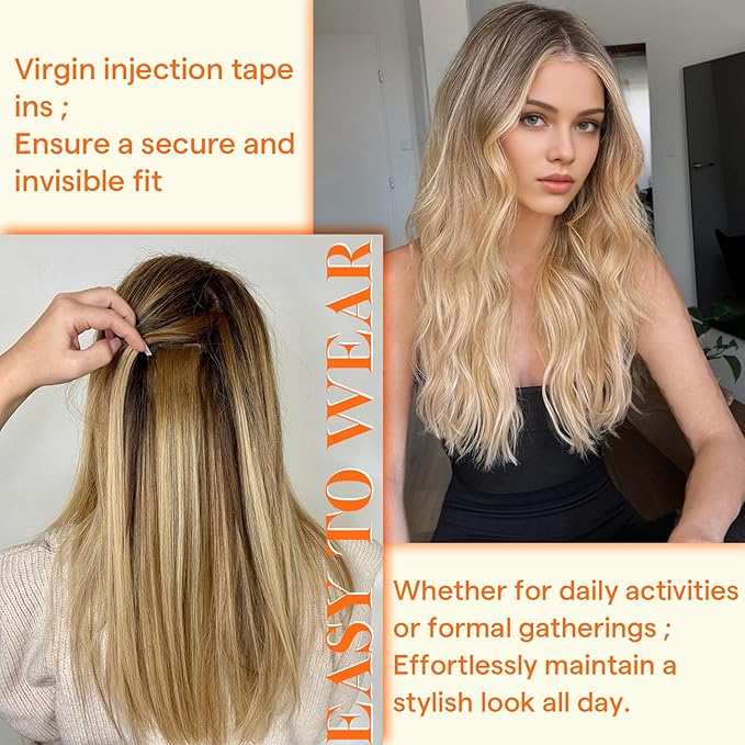 Full Shine Skin Weft Tape in Hair Extensions Human Hair Balayage Color 3/8/22 Insert Machine Remy Tape in Virgin Extensions 25Gram Injection Tape Ins Human Hair Extensions 10Pcs 20Inch