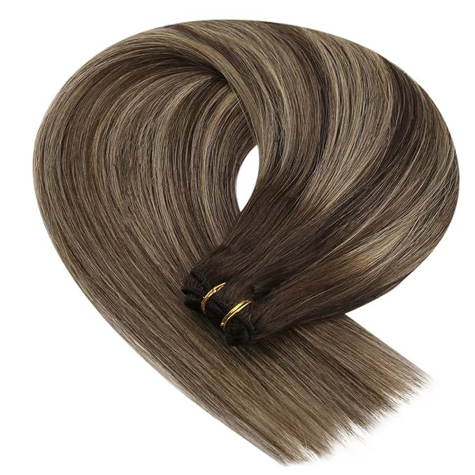 YoungSee 24Inch Weft Hair Extensions Human Hair Brown Balayage Double Weft Human Hair Extensions Dark Brown with Caramel Blonde Balayage Sew in Hair Extensions for Long Hair 100G
