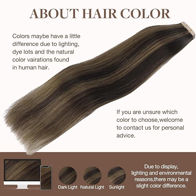 GOO GOO Tape in Hair Extensions Human Hair, 2/6 Dark Brown Highlighted Chestnut Brown, 16inch 50g 20pcs, Skin Weft Seamless Invisible, Silky Straight with Thick Ends, Remy Human Hair