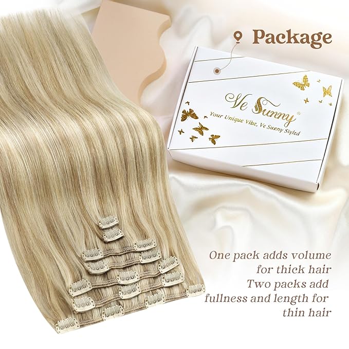 Ve Sunny Clip in Hair Extensions Human Hair Dark Blonde Highlights Golden Blonde Hair Extensions Full Head Real Hair Extensions Clip in Human Hair Natural Straight 7pcs 22 inch 120g