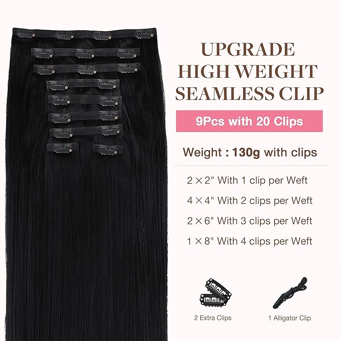 GOO GOO Clip in Hair Extensions Real Human Hair, Remy Human Hair Extensions Clip ins for Women, Natural Human Hair, 14inch 130g 9Pcs, 1 Jet black