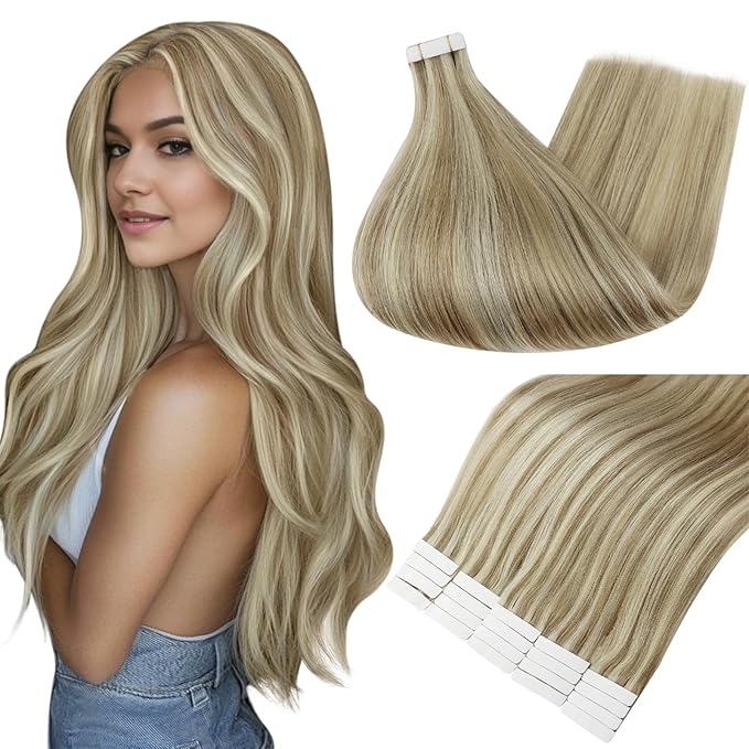 Full Shine Tape Ins Human Hair Extensions 20 Inch Color 16 Light Golden Blonde Highlighted 22 Blonde Tape in Hair Extensions Human Hair Natural Invisible 40PCS Seamless Skin Weft 100 Grams for Party