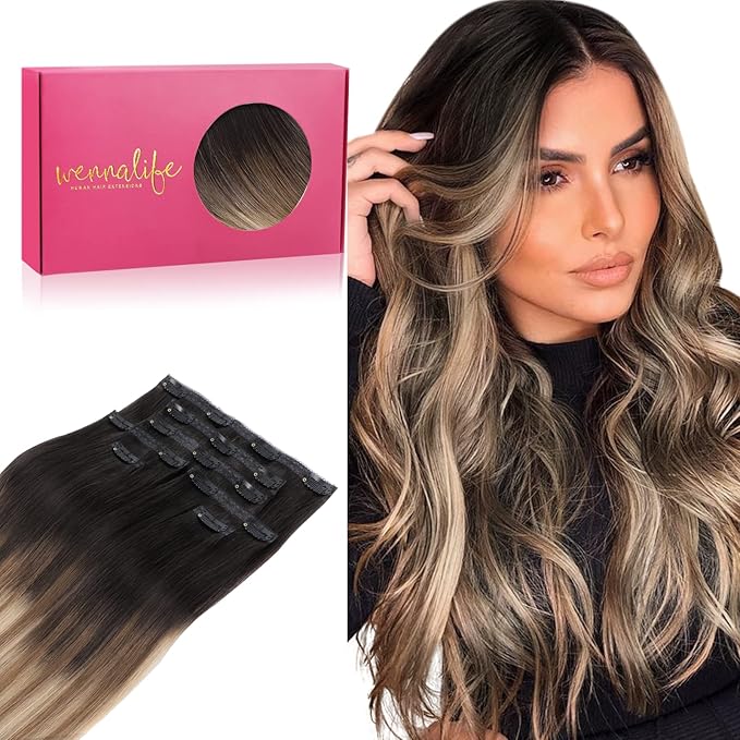 WENNALIFE Lace Seamless Clip in Hair Extensions Human Hair 7pcs Ultra Invisible 50% Thinner Seamless Clip Ins Dark Brown to Chestnut Brown and Dirty Blonde Highlighted Natural Remy Hair 14 inch