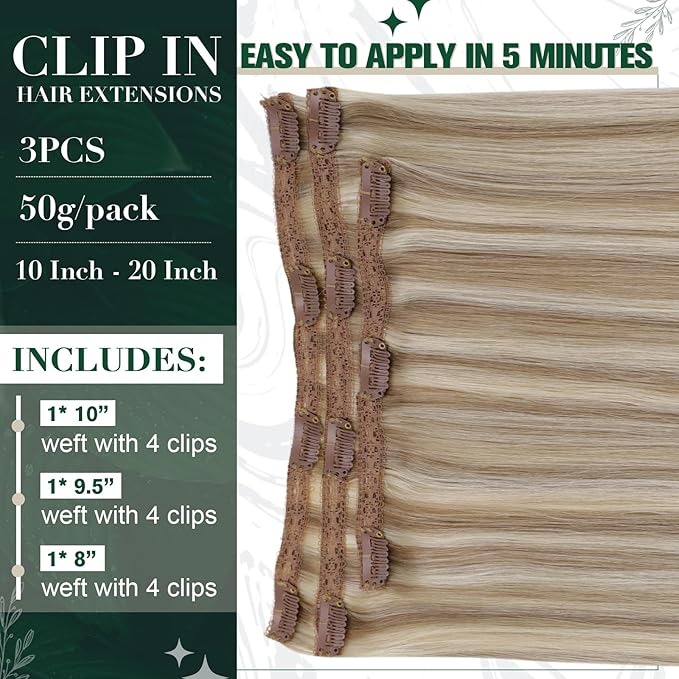 RUNATURE Human Hair Clip in Extensions, Remy Clip in Hair Extensions, Real Natural Human Hair for Short Hair Soft Straight 10 Inch 50g 3pcs #8P60 Light Brown Highlight Platinum Blonde