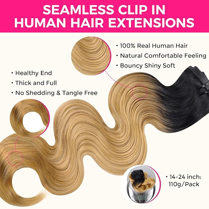 Lashey Seamless Clip in Hair Extensions Human Hair 110g 7pcs Ombre Natural Black to Honey Blonde Hair Extensions Clip ins with PU Invisi Edge 20 Inch Body Wave
