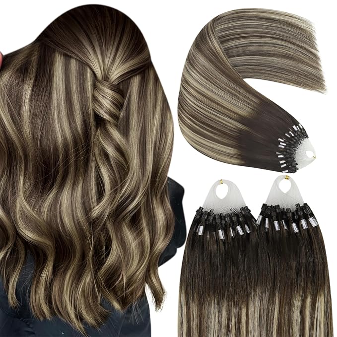 YoungSee Micro Bead Hair Extensions Real Human Hair Balayage Micro Ring Hair Extensions Human Hair Ombre Dark Brown to Blonde Beaded Hair Extension 22 Inch for Date Nights 50g 50s