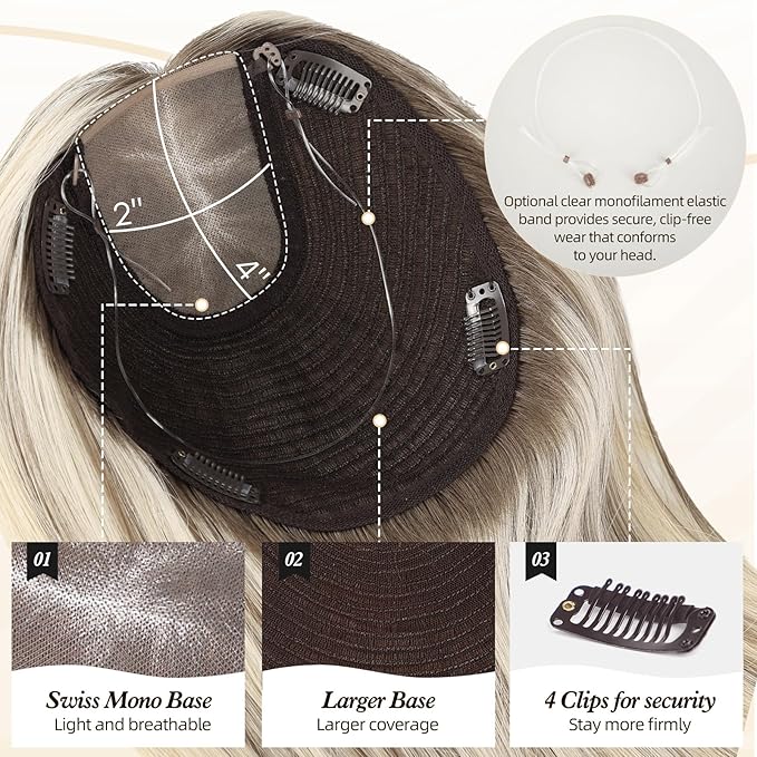 MONO TOP Hair Toppers for Women Human Hair 12 Inch 7"×8" Big Base Partial wig Cover Thinning Hair or Loss No Bangs Top Hair Pieces Natural Wiglets (Brown with Blonde Highlights)