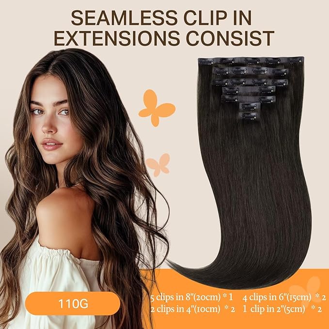 DOORES Mocha Brown Real Human Hair Extensions, 7pcs 110g 16 Inch, Seamless Clip-in, Natural Straight, Invisi Edge