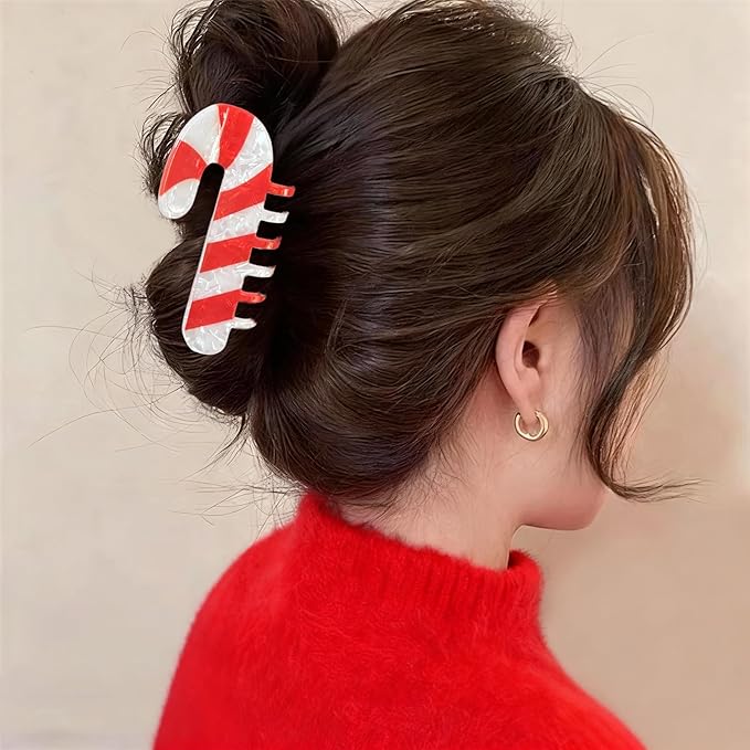 Christmas Candy Cane Hair Clips for Women, Christmas Hair Claw Clips Cute Cane Shape Hair Accessories Red White Xmas Acrylic Claw Clip Funny Strong Grip Jaw Barrettes Xmas New Year Hair Decoration