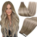 Full Shine Tape in Hair Extensions Color 8 Ash Brown Ombre 60 Blonde And 18 Ash Blonde Hair Extensions Real Remy Hair 16Inch Double Sided Extension 50G Invisible Straight Human Hair 20Pcs for Wedding