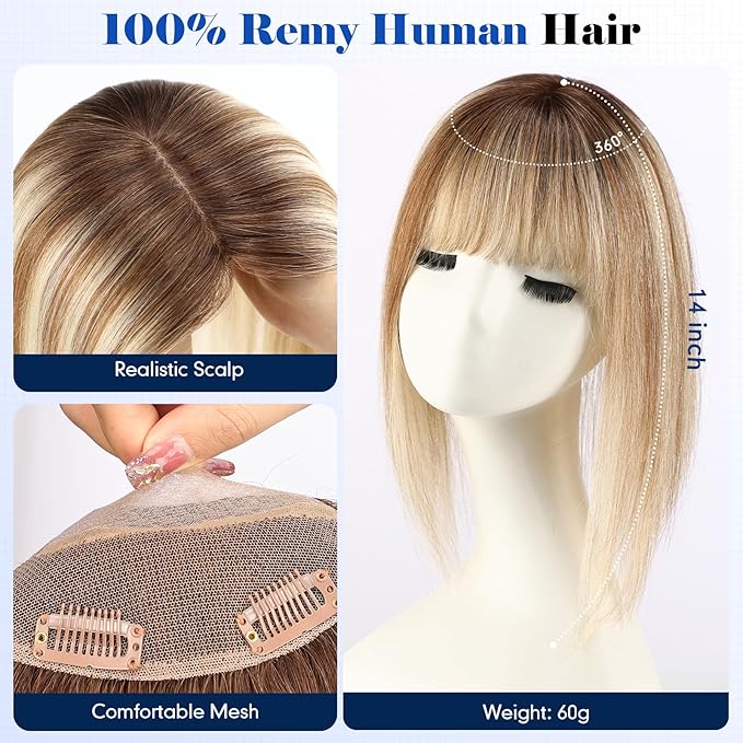 HAIRCUBE Hair Toppers For Women With Thinning 5"*5" Large Base Real Hair Toppers For Women, 14 Inch For Hand-Woven, 60g, Silk, Natural, realistic, Use Daily, Hairloss, Blonde Mixed Brown, with bangs