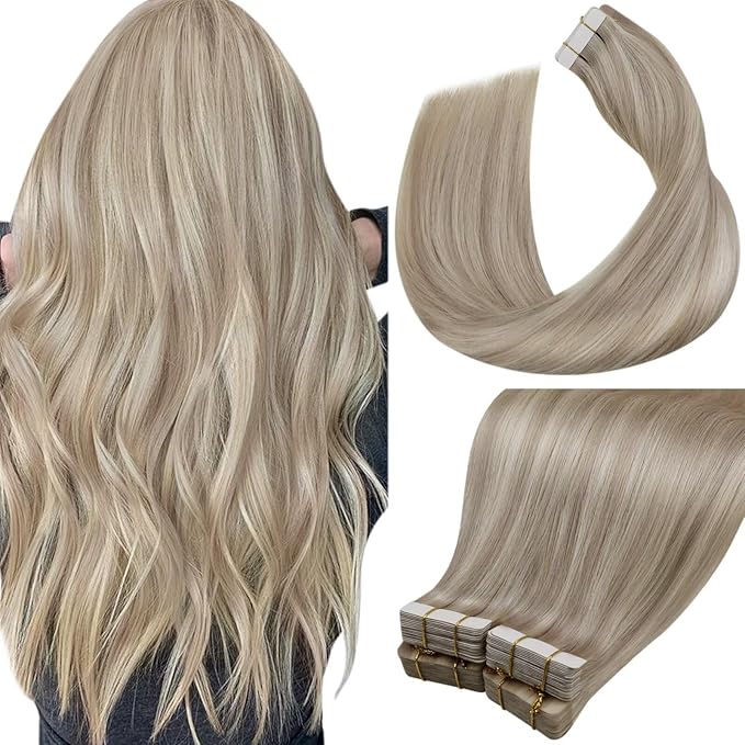 LaaVoo Human Hair Tape in Extensions Ash Blonde Tape in Hair Extensions Human Hair Highlights Blonde with Ash Blondes 00G 40pcs 16Inch