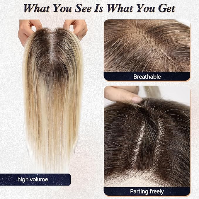 starluck Hair Toppers for Women Real Human Hair With Bangs, 100% Remy HumanHair Toppers for Women Hand-woven with Thinning,Cover Gray Roots,Adds Volume,Ombre Blonde