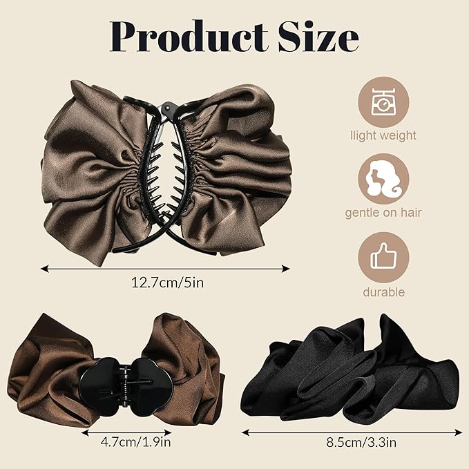 3 Pack Matte Satin Ruffled Hair Claw Clips, Pleated Scrunchie Ponytail Holder for Women, Non-Slip Bun Cuff Clamp, French Style Elegant Hair Accessories (Black, Brown, Khaki)