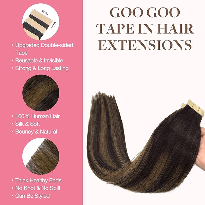 GOO GOO Tape in Hair Extensions Human Hair, 2/6/2 Balayage Dark Brown to Chestnut Brown, 26inch 60g 20pcs, Skin Weft Seamless Invisible, Silky Straight with Thick Ends, Remy Human Hair
