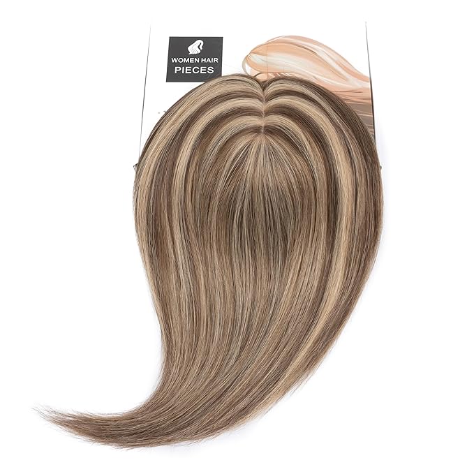 Rich Choices Hair Toppers for Women Real Human Hair 100% Human Remy Toppers NO Bangs with Thinning on Top Clip in Hairpiece 4"x4.7"Lace Base 18 Inch #4P27 Medium Brown Highlights Dark Blonde