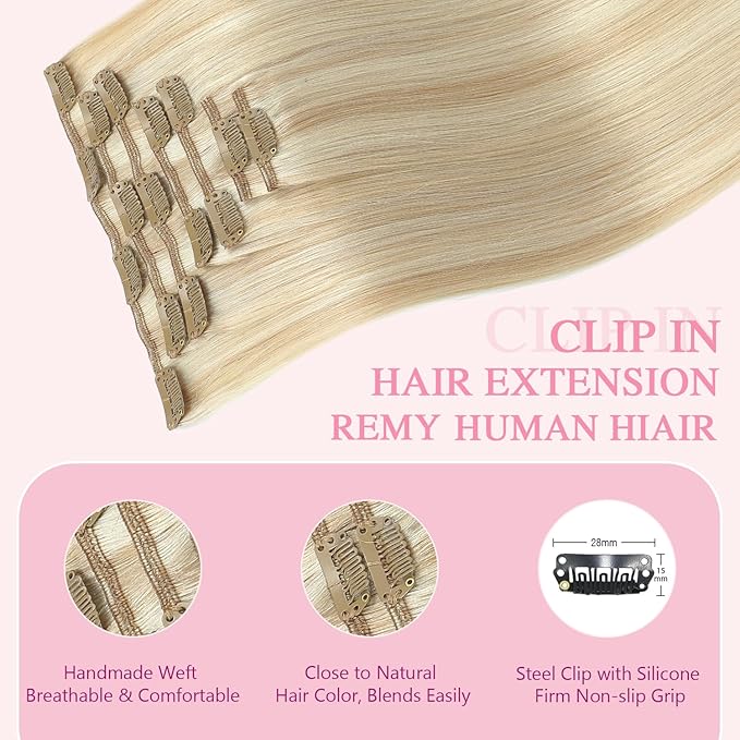 PINKPEARL Clip in Hair Extensions #27P60 Caramel Blonde Highlighted Platinum Blonde 120g 7pcs 16 Inch Clip in Hair Extensions Real Human Hair Hair Extension Clip Ins(#27P60-16)