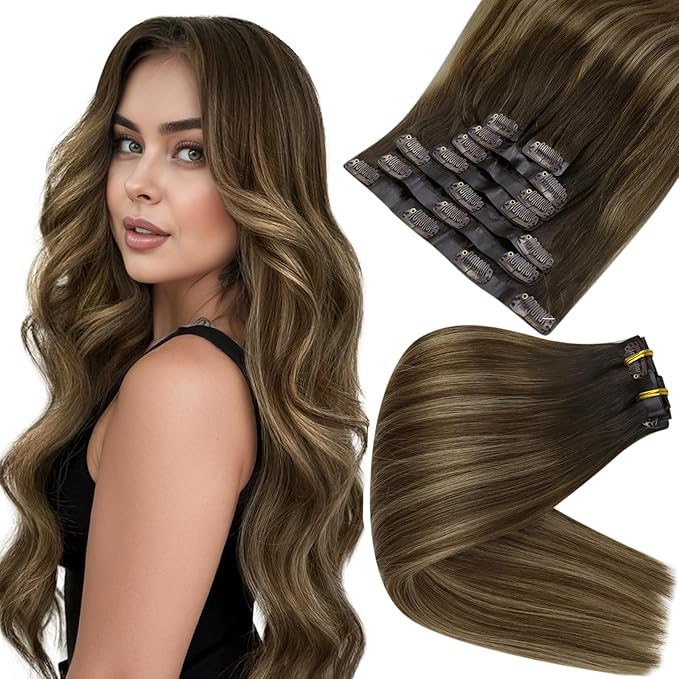 Full Shine Balayage Clip in Hair Extensions 22 Inch Seamless Hair Extensions Clip in Dark Brown to Medium Brown with Caramel Blonde Real Human Hair 8 PCS 120 G