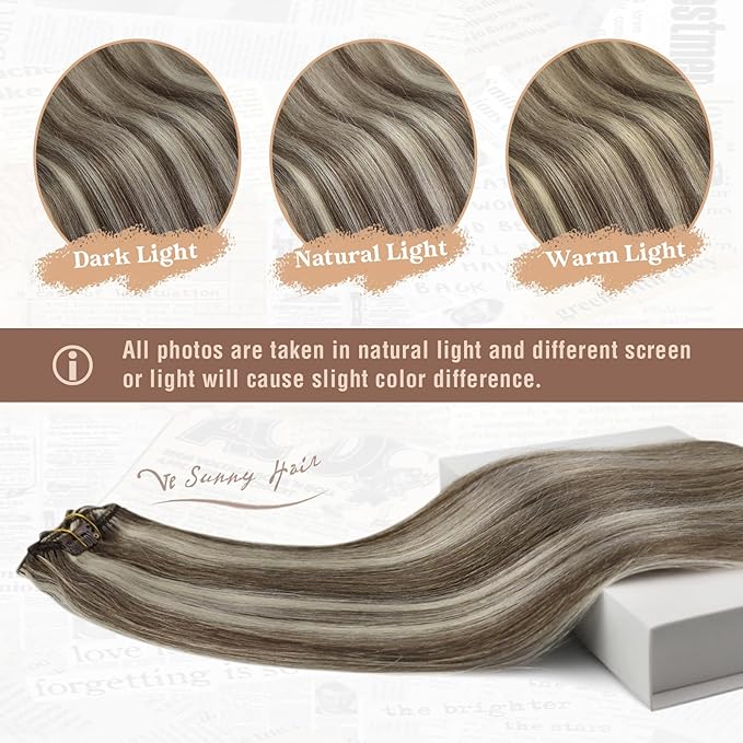 Ve Sunny Clip in Hair Extensions Real Human Hair Highlights Clip in Extensions Light Brown Mix Platinum Blonde Clip on Hair Extensions for Women Straight Hair 7pcs 20inch 120g