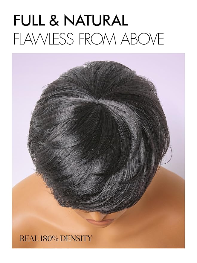 LUVME HAIR Ultra Comfort Throw On & Go Short Pixie Cut with Bangs 5 Inches Skin Friendly Cotton Cap 100% Real Human Hair Glueless Wig Glueless Wig Hair Loss Friendly Full Machine Made 22.5 Wig Cap