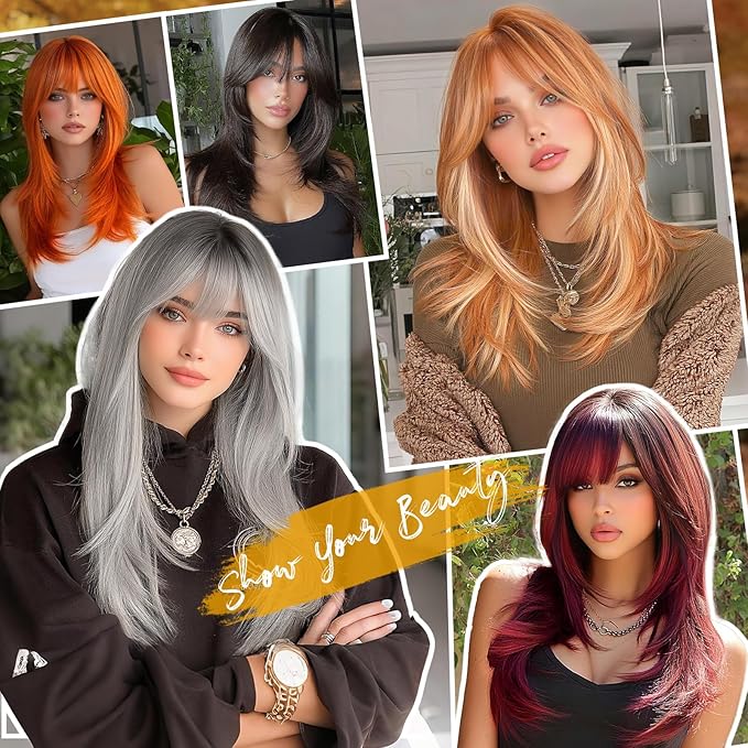 SOFEIYAN Long Straight Layered Auburn Blonde Wig with Bangs 24 Inch Synthetic Natural Hair Wig Soft Heat Resistant Long Wigs for Women Daily Party Use
