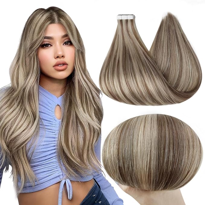 Full Shine Blonde Tape in Hair Extensions Human Hair 16Inch Soft Remy Hair Extensions Color 8 Ash Brown Highlights 60 Platinum Blonde Tape in Extensions Skin Weft Hair Extension Tape ins 50G 20Pcs