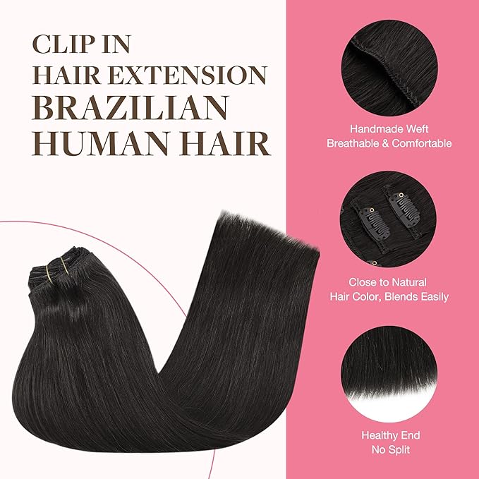 GOO GOO Clip in Hair Extensions Real Human Hair, Remy Human Hair Extensions Clip ins for Women, Natural Human Hair, 26inch 260g 9Pcs, #1B Natural Black